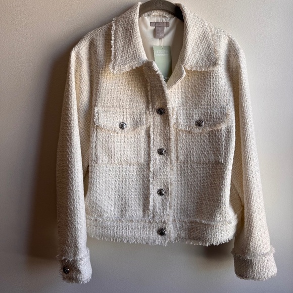 H&M Womens Fringe-trimmed bouclé jacket Cream Size Medium M - Picture 2 of 5